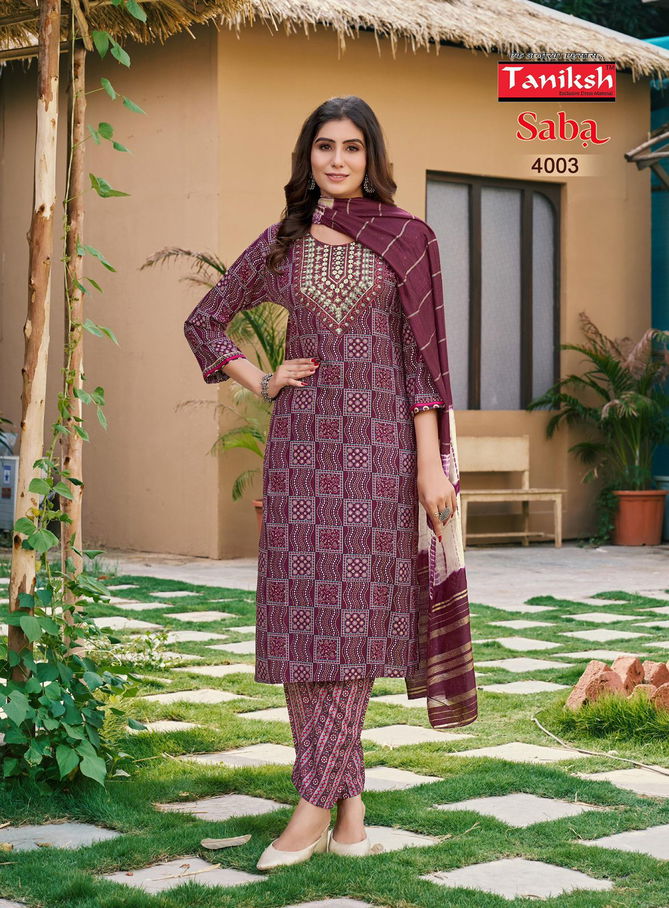 Saba Vol 4 By Taniksh Rayon Foil Printed Kurti With Bottom Dupatta Wholesale Price In Surat
